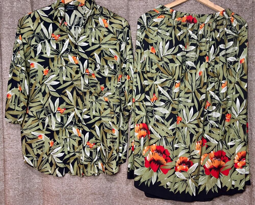 Vintage Floral Skirt Suit Tropical Rayon Set Cottagecore Resort Grandma Chic M